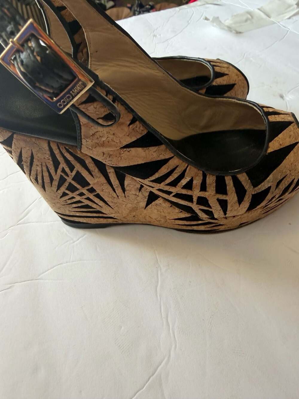 Jimmy Choo Prova Black Laser-Cut Suede and Cork Wedge Sandals Size 38